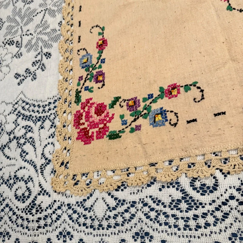 Vintage Embroidered Table Cloth Colorful Floral Cross Stitch Crochet‎ Edge 48x53